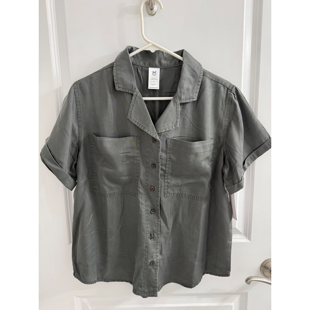 Member's Mark Tencel Camp Shirt Womens Small Green Gray Short Sleeve Button Up